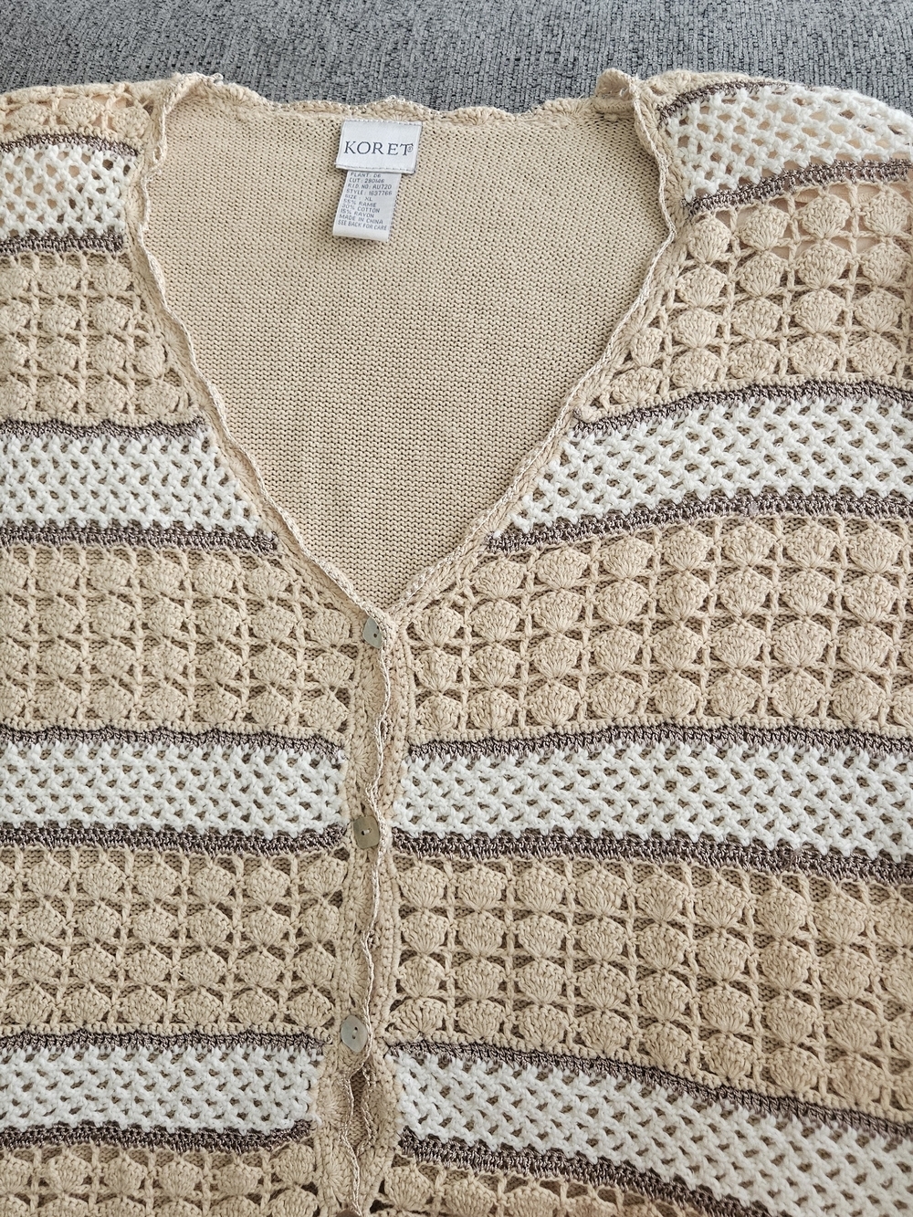 Koret Crochet Stripe V-Neck Grandmacore Cardigan in Cream, Beige & Brown XL